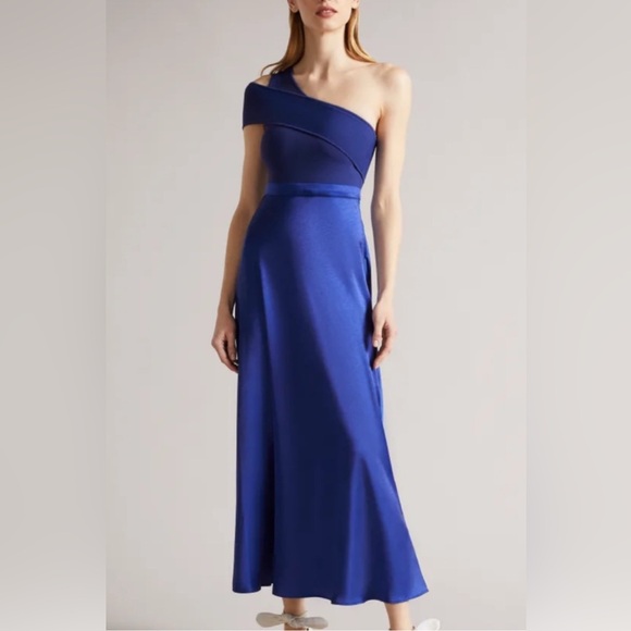 TED BAKER Ivena Asymmetric Knit Bodice Royal Blue Satin Skirt Dress - Picture 2 of 13